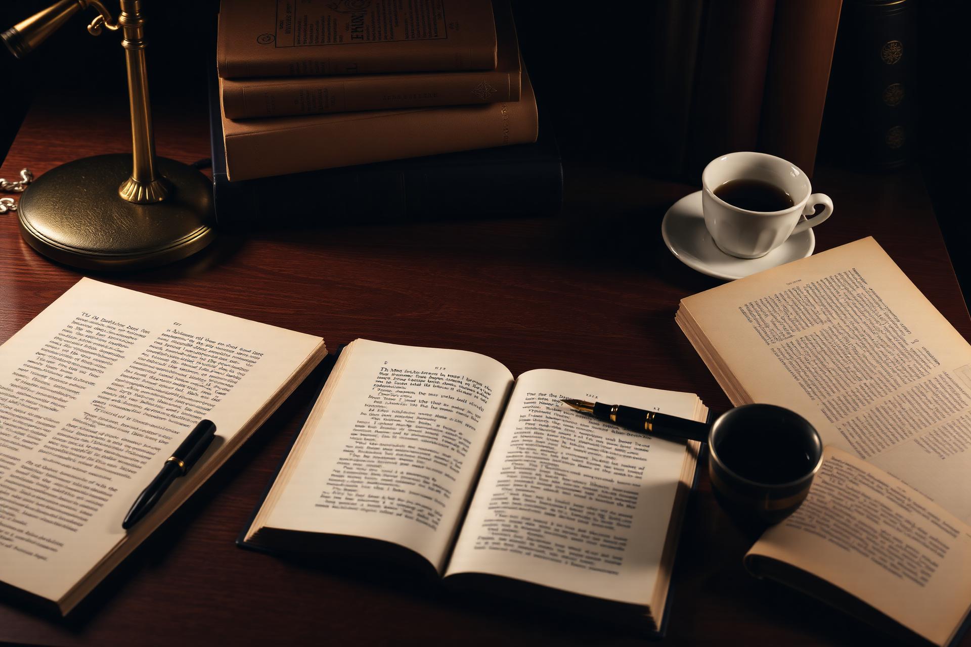 Elegant writing desk with open books, fountain pen and warm light